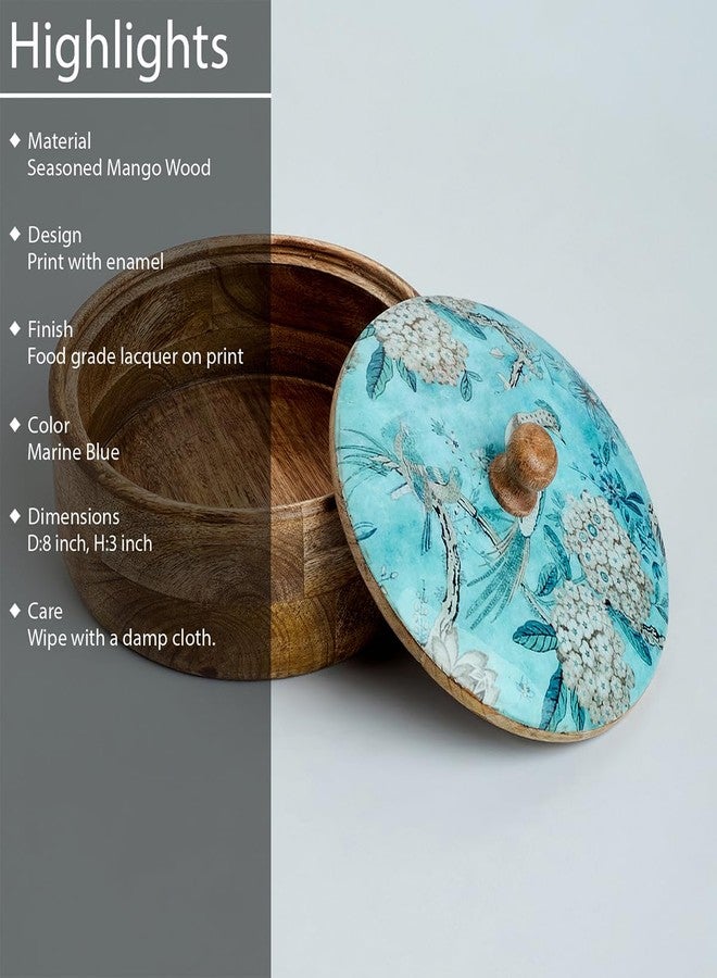 Saaga Mango Wood Chapati Box with Lid | 8 Inch Food-Grade Lacquered | Round Roti Casserole Hot Pot for Kitchen & Table Serving - Marine Blue - Image 3